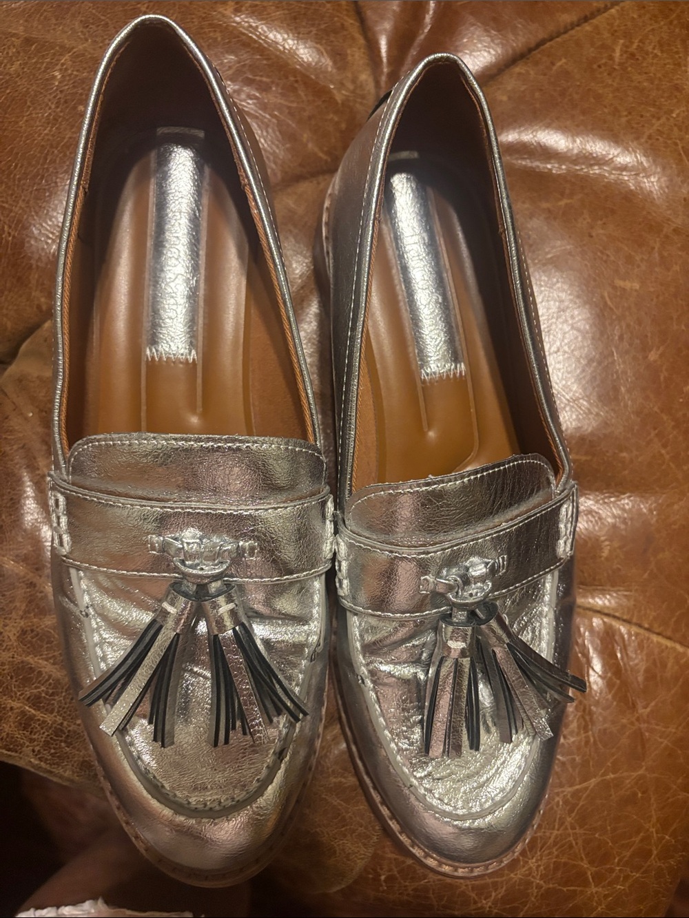 FrancoSarto Metallic Silver Tassel Loafers for Women